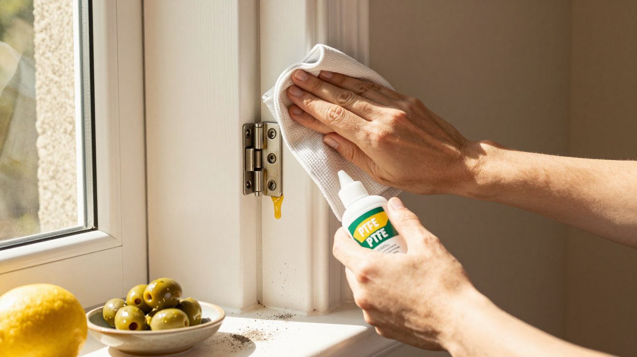 Person applying lubricant to window hinge with a cloth nearby; olives and lemon on the windowsill.