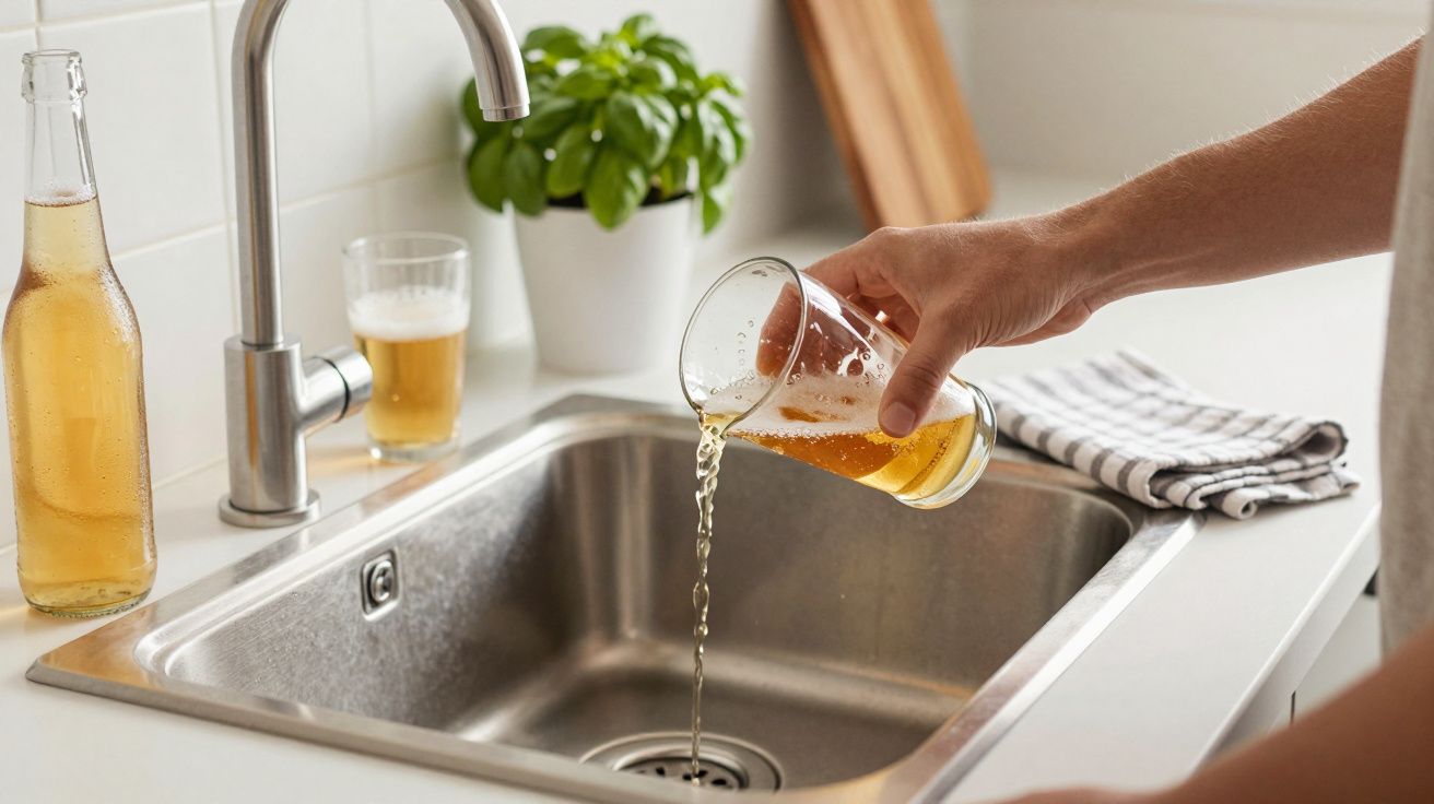 Hand pouring beer from a glass into a kitchen sink, with a bottle and plant visible on the counter.