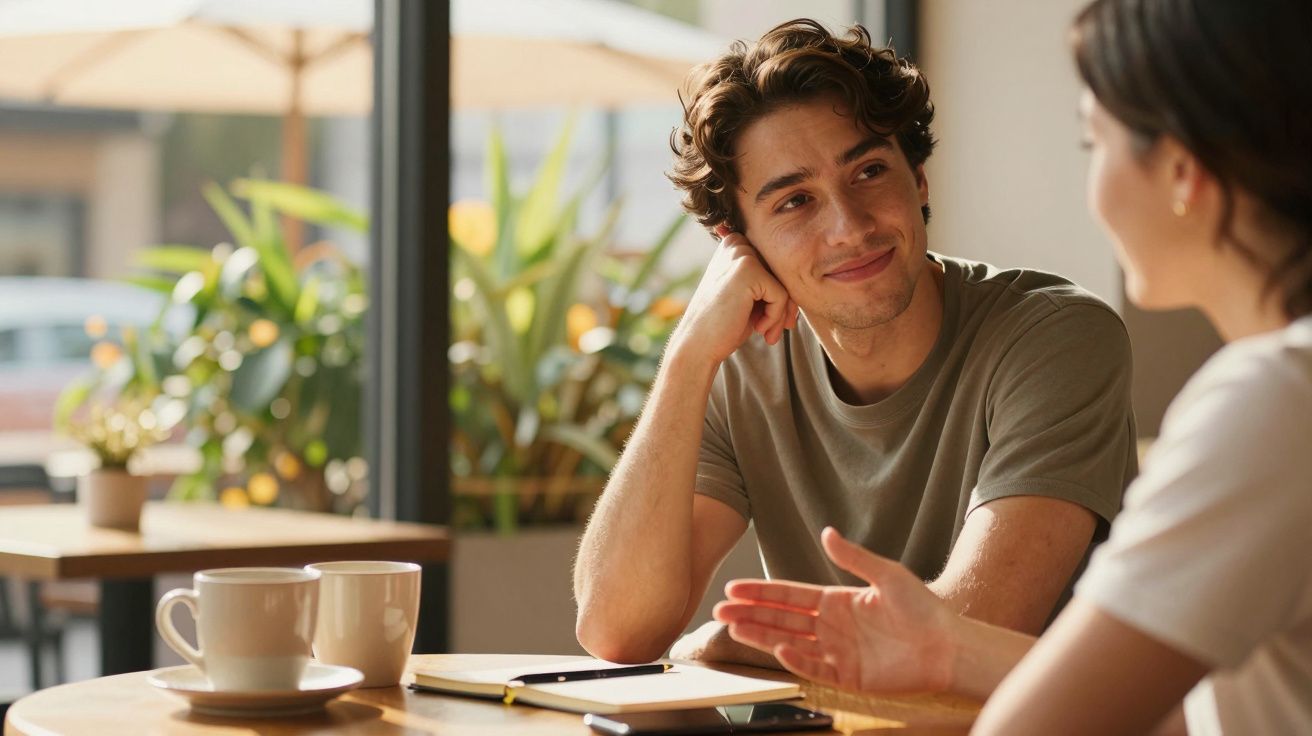 Two people conversing at a cafe table with coffee, plants in the background, and natural light.