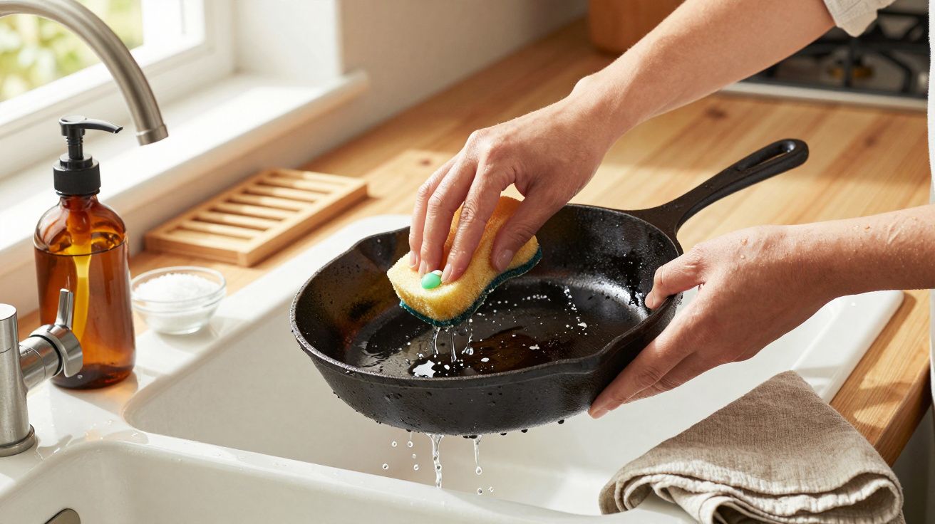 Person cleaning a cast iron skillet with a sponge in a kitchen sink.