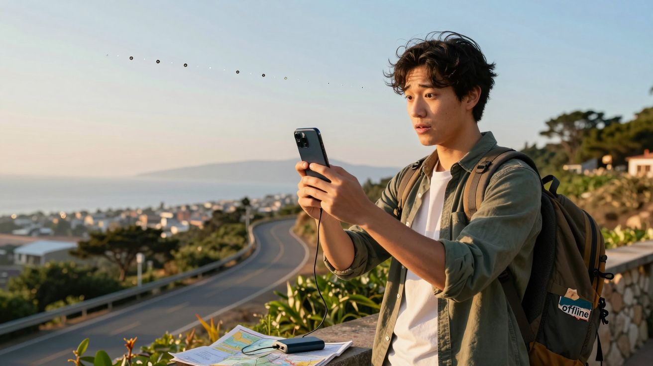 Traveler with backpack using smartphone and map by scenic coastal road with ocean view in background.