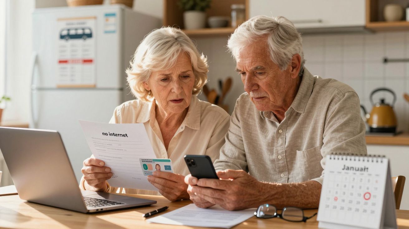 Elderly couple at table, reviewing documents and phone, laptop open, January calendar visible, in kitchen setting.