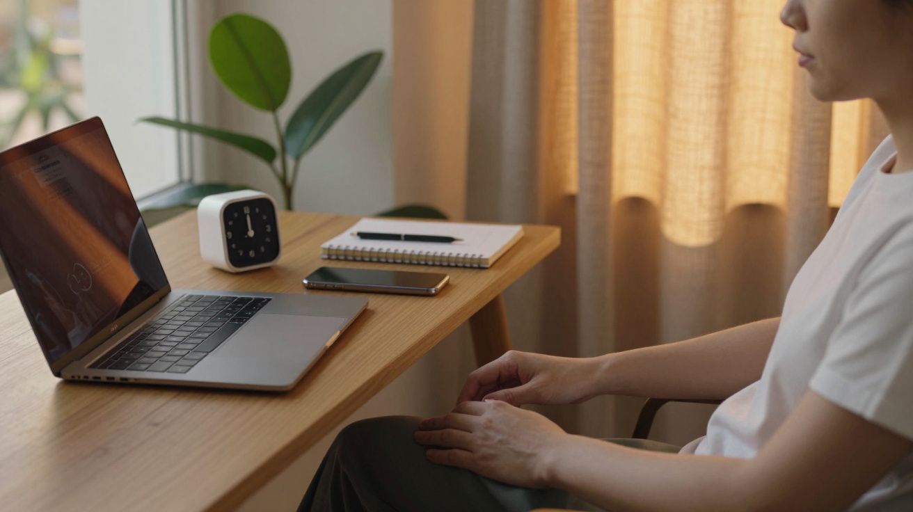 Person sitting at a desk with a laptop, clock, notebook, and phone, near a window with curtains.