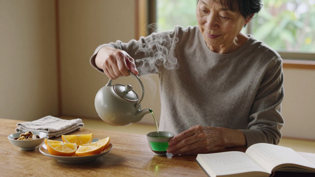 Older woman pouring tea at a wooden table with fruit, nuts, and an open book.