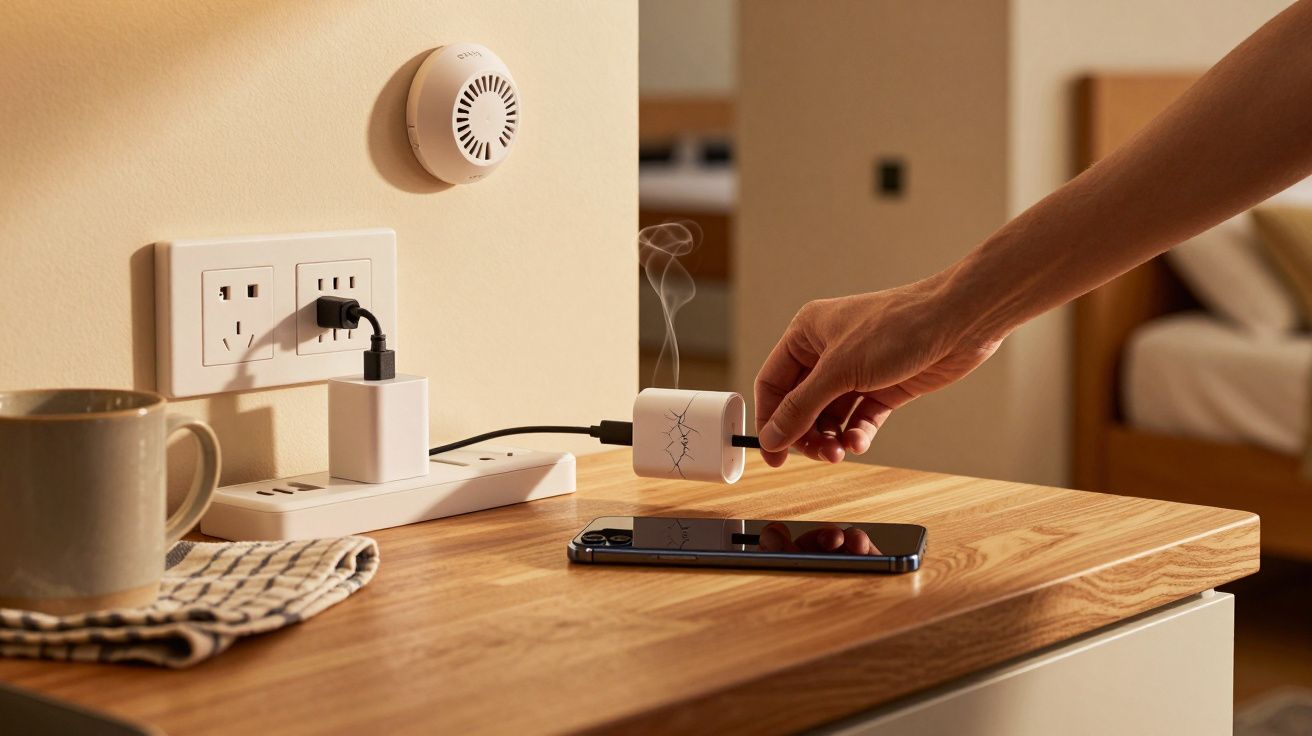 Hand holding a smoking, cracked power adapter near a phone on a wooden table with wall sockets and a smoke detector.