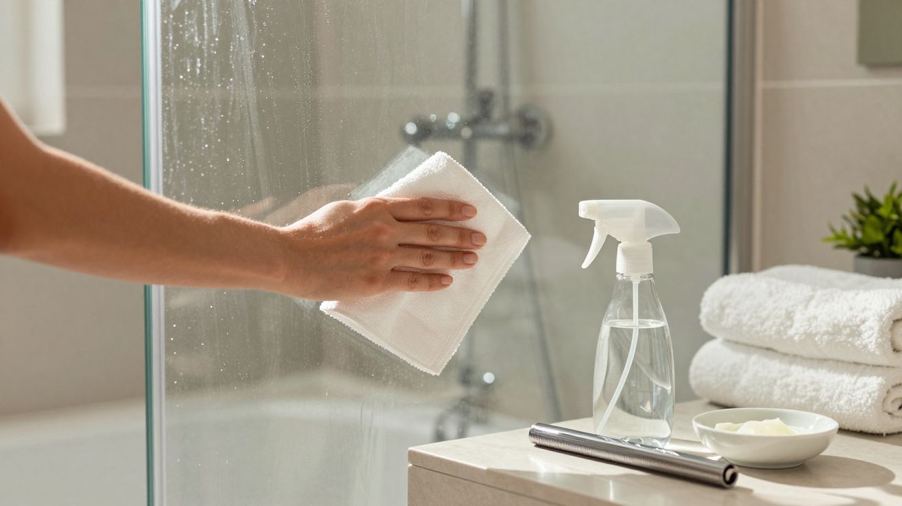 Hand cleaning a glass shower door with a cloth; spray bottle and towels nearby.
