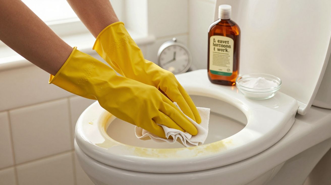 Person with yellow gloves cleaning toilet seat with cloth.