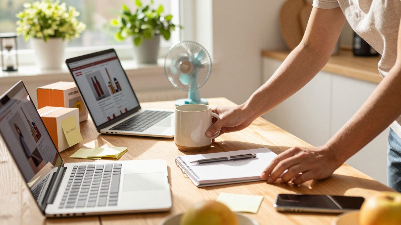 Person holding a mug near laptops and a notebook on a wooden desk, with plants and a small fan in the background.