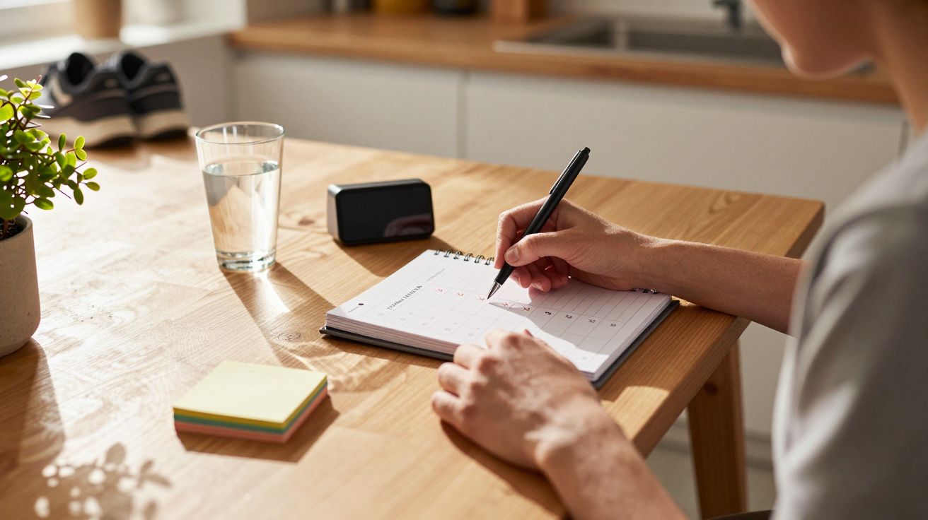 Person writing in a planner at a kitchen table with sticky notes, a glass of water, and a potted plant nearby.