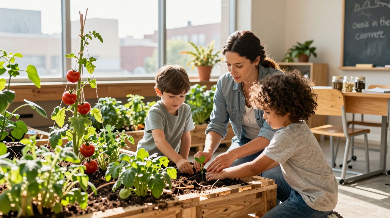 Woman and two children planting seedlings in an indoor garden classroom with sunlight streaming through windows.