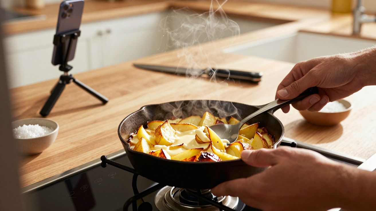 Hands cooking potatoes in a skillet, with steam rising, next to a smartphone on a tripod in a kitchen setting.
