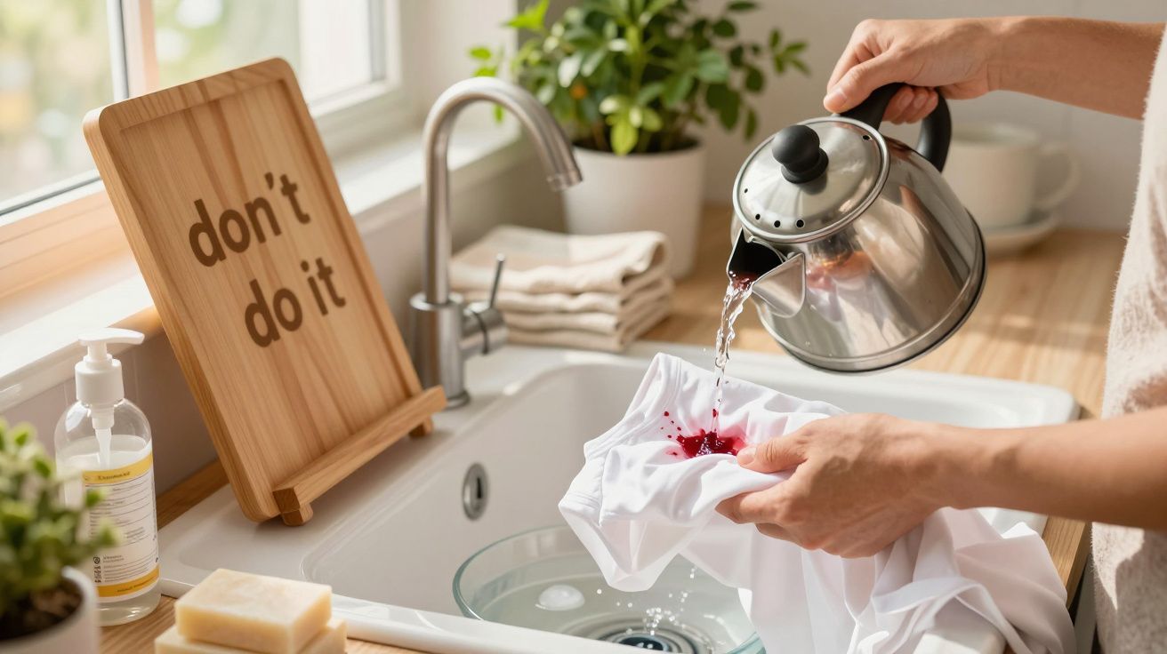 Person pouring liquid from kettle onto stained shirt, sign says "don't do it," in a bright kitchen.