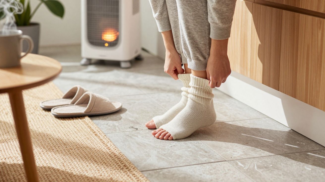 Person adjusting cozy socks near a heater on a tiled floor, with slippers and a coffee cup nearby.