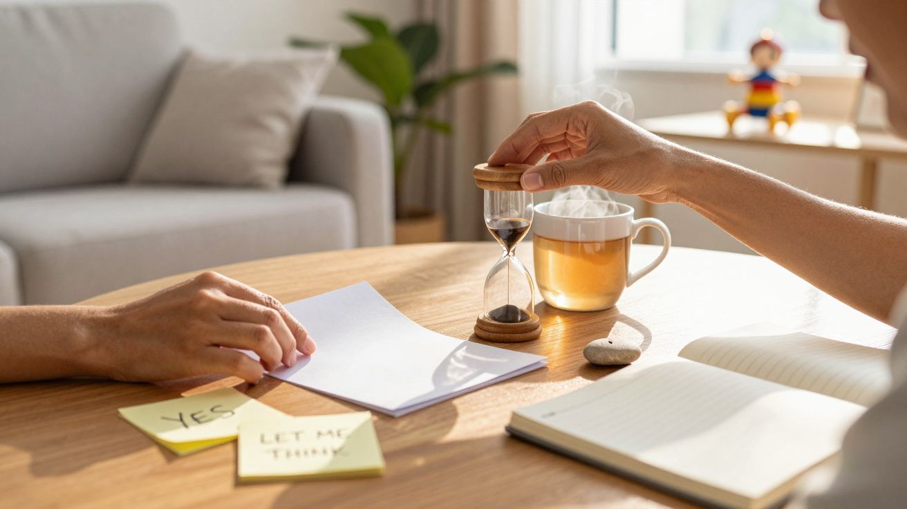 Hands holding an hourglass over a table with notes, tea, and notebooks, in a cozy, sunlit room.