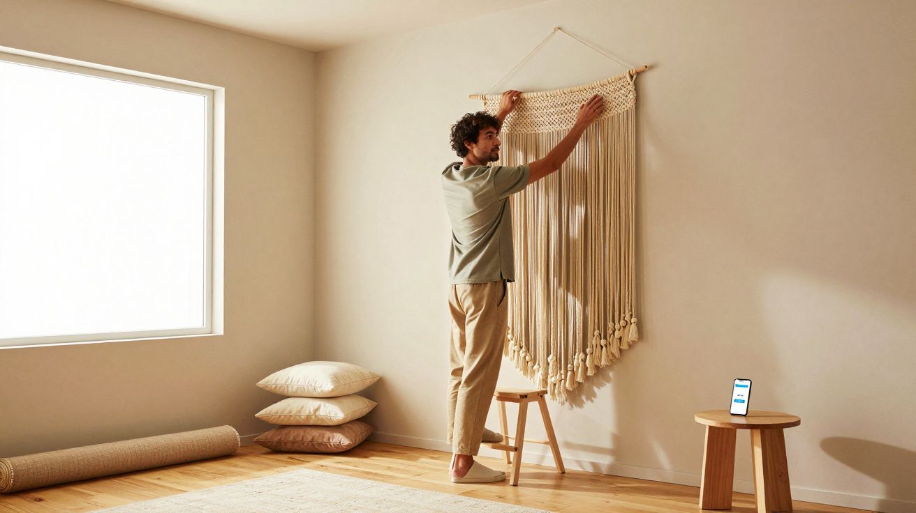 Person hanging macramé wall art in a minimalist room with sunlight, cushions, rolled mat, and smartphone on stool.
