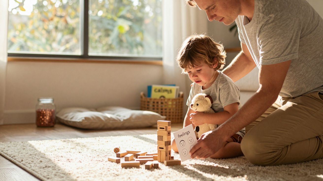 Parent and child play with blocks and a feelings card on the carpet in a sunlit room.