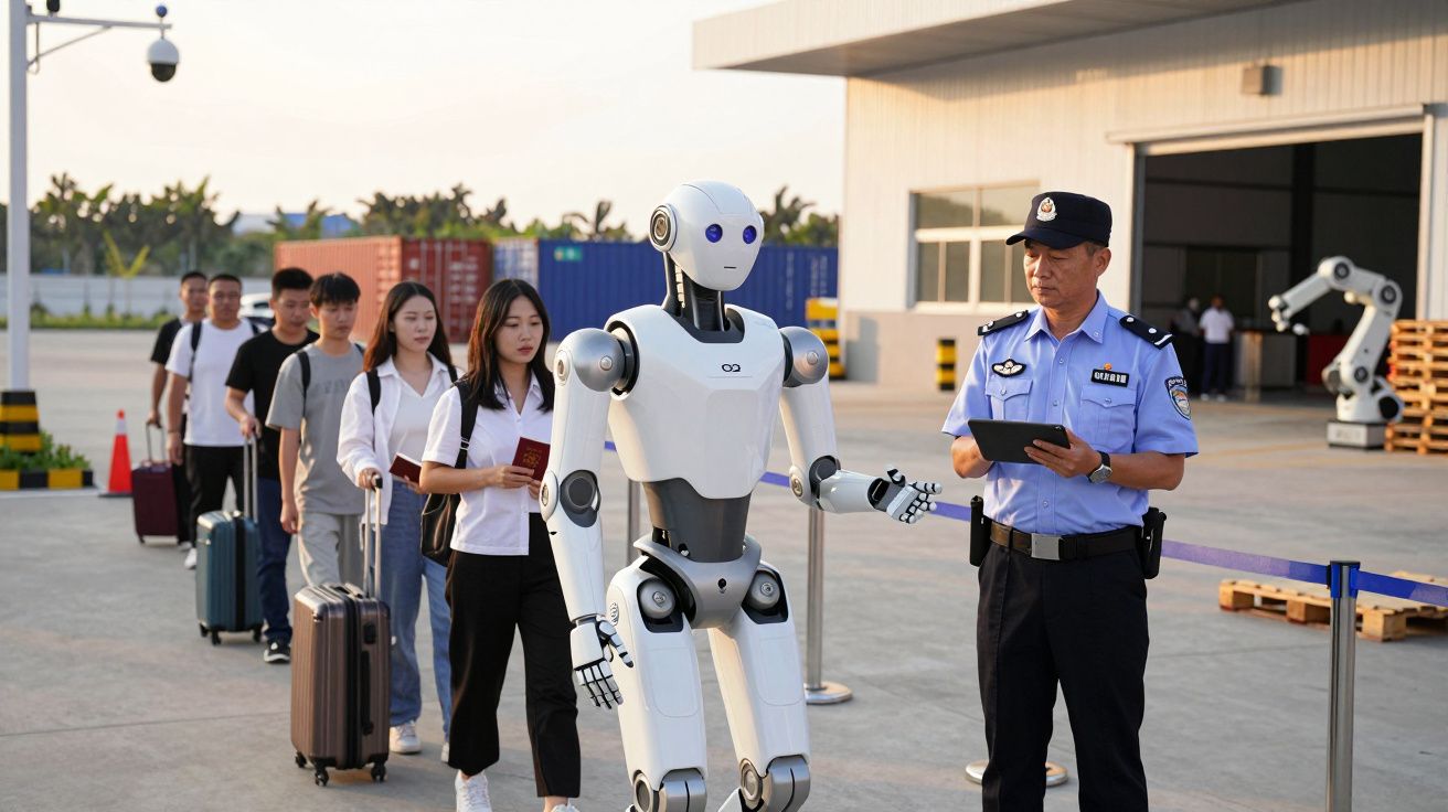 A robot and an officer manage a queue of travelers with luggage outdoors near a building.