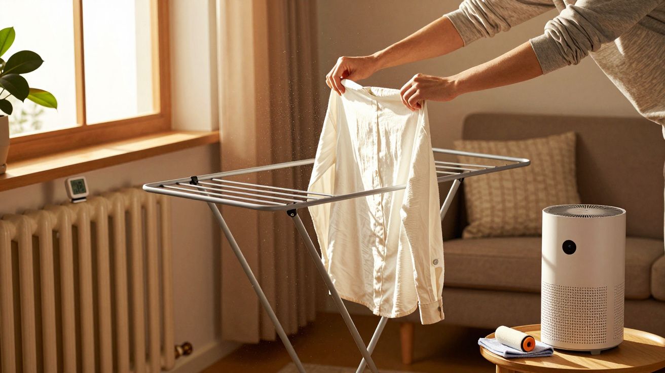 Person placing a white shirt on a drying rack indoors, next to an air purifier and lint roller, near a window.