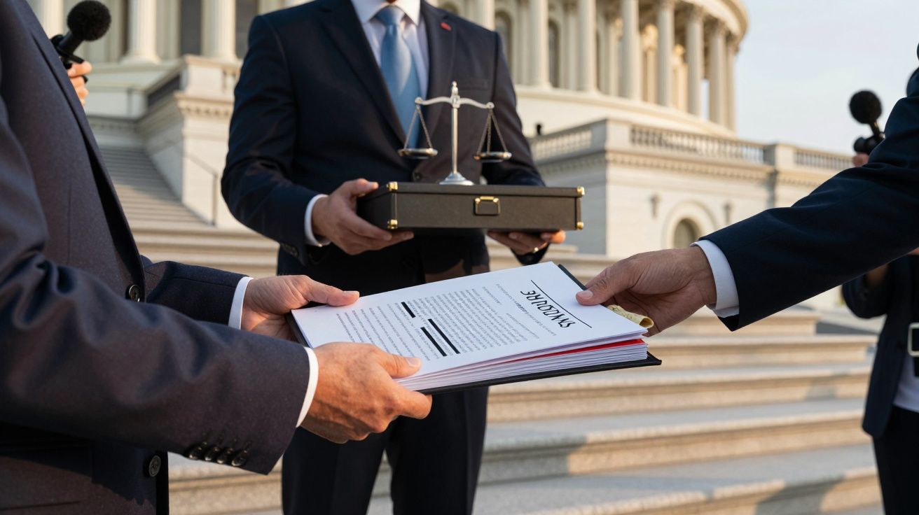 Three people exchange documents on Capitol steps, one holding scales of justice box, wearing suits.