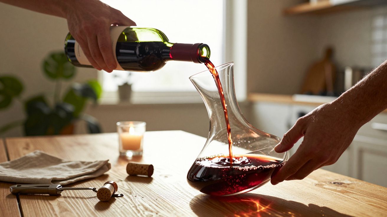 Pouring red wine from a bottle into a glass decanter on a wooden table with corks and a lit candle nearby.