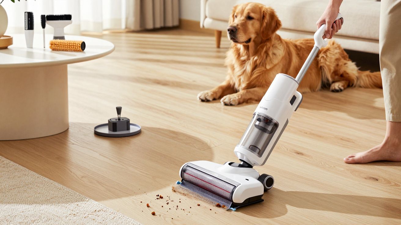 Person vacuuming crumbs on wooden floor with a cordless vacuum cleaner; a golden retriever sits nearby.