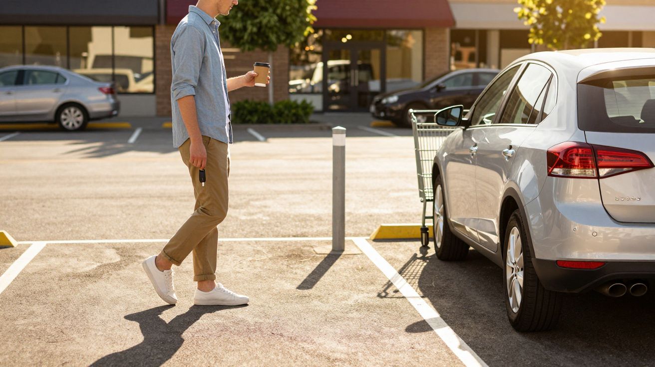 Man holding coffee walks toward a parked car in a sunny parking lot.