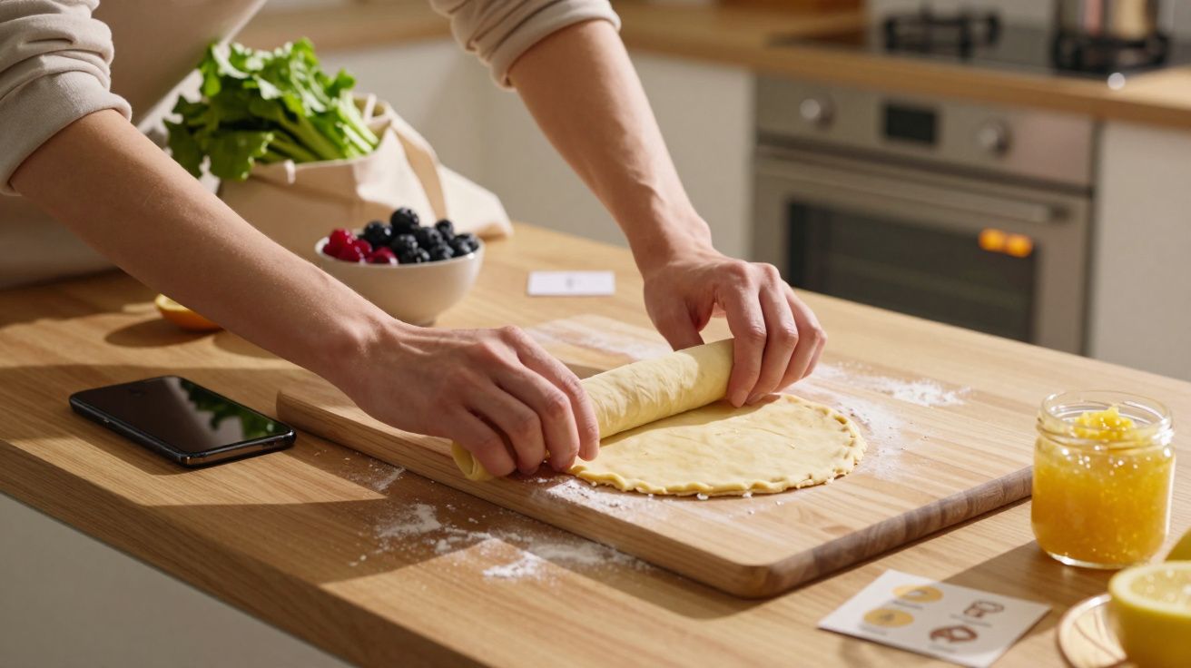 Person rolling dough on a wooden board in a kitchen, with fruit and greens on the counter.