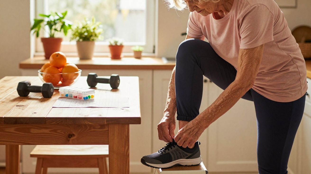 Older adult tying sneakers by table with weights and fruit.
