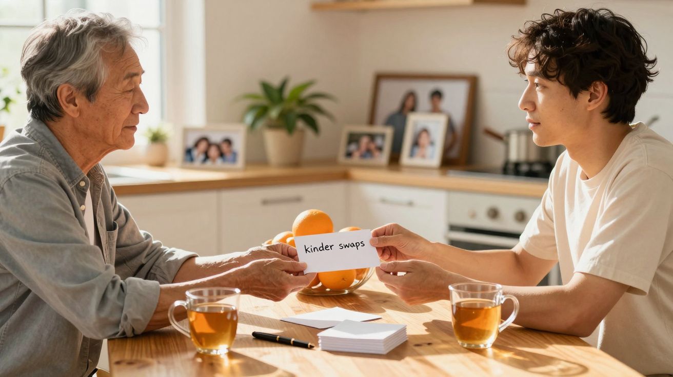 Two people exchanging a card labeled "kinder swaps" at a kitchen table with tea and family photos.