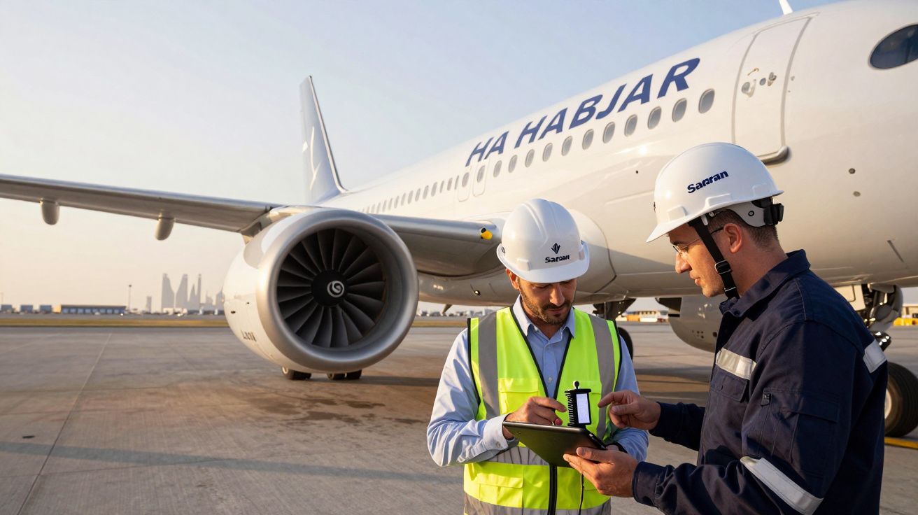 Two workers in safety gear inspect a plane's engine and tablet on an airport tarmac.