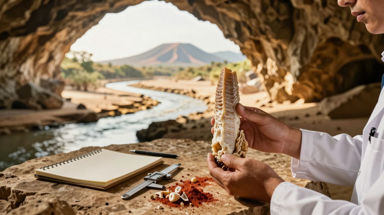 Person examining a fossil with tools and notes on a stone table in a cave, overlooking a scenic landscape with a river and hi