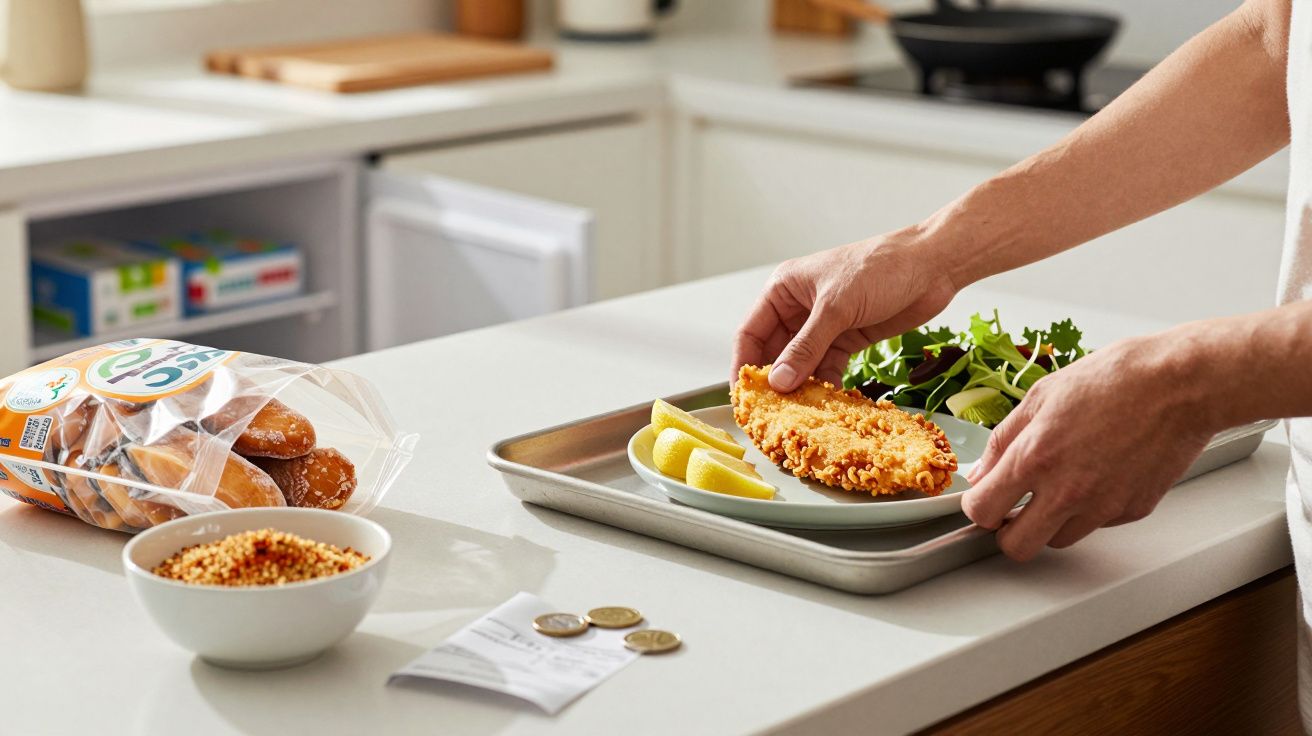 Person plating breaded fish with lemon and greens in a kitchen; bagels, receipt, and coins on counter.