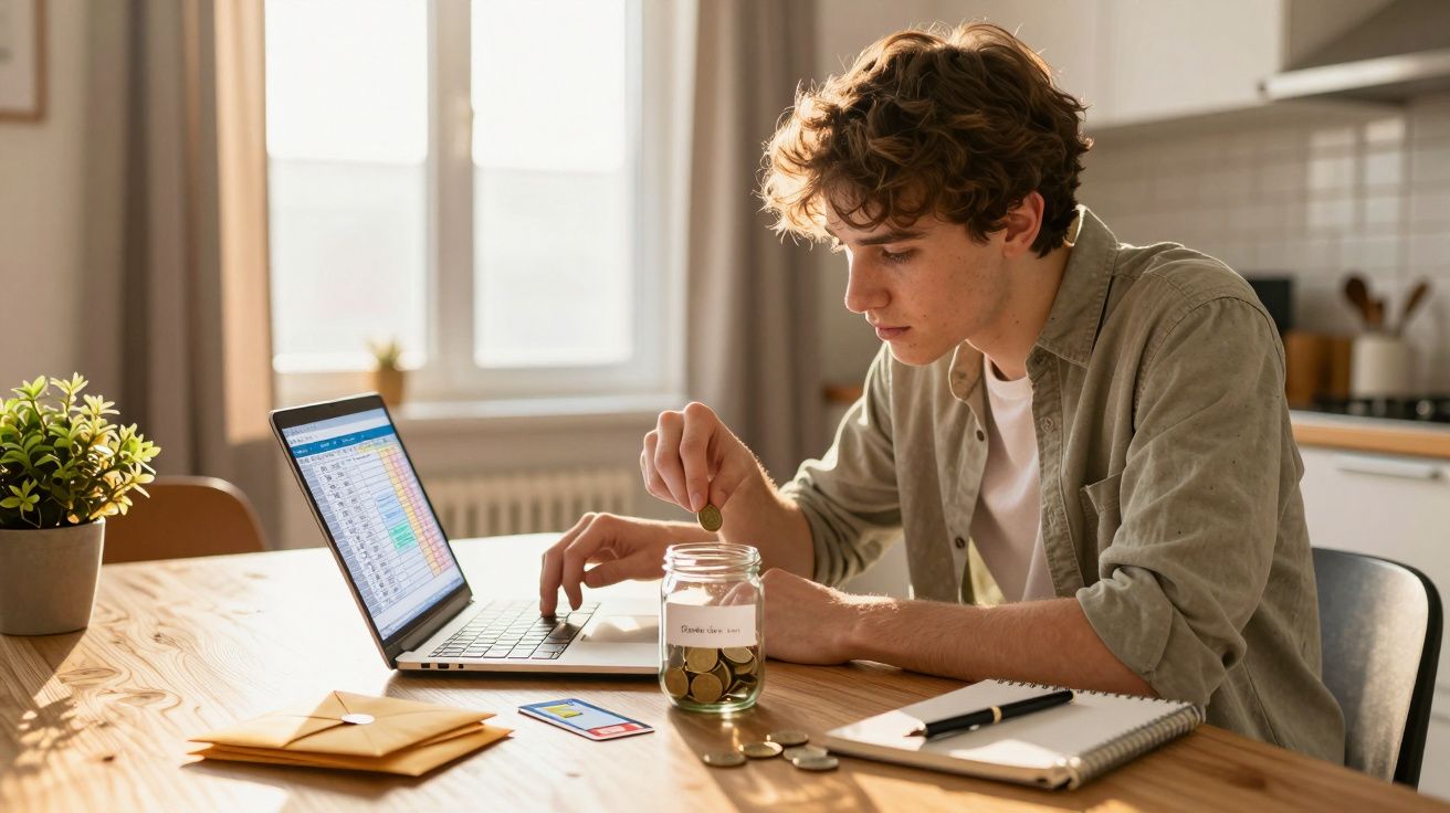 Young man budgeting on a laptop at home, placing coins in a jar labeled "Travel."