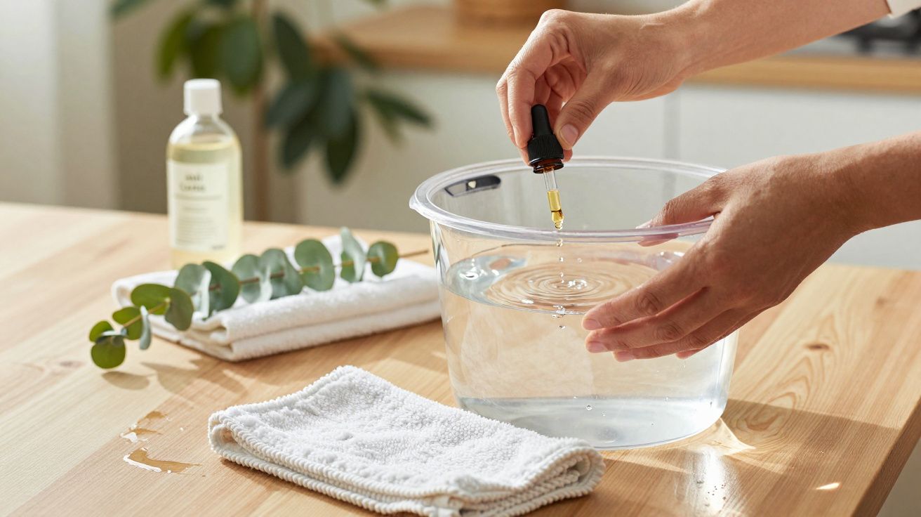 Hands adding essential oil to a bowl of water on a wooden table with eucalyptus, towel, and lotion bottle nearby.