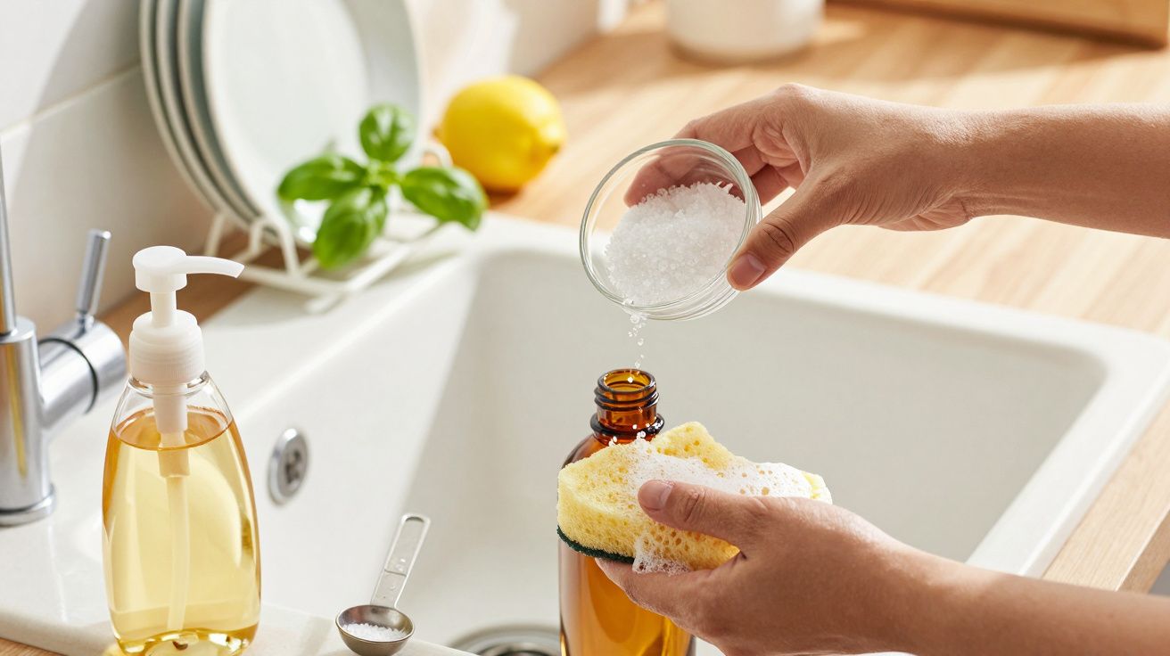 Person pouring salt into a brown bottle over a kitchen sink with dishes, lemon, and basil nearby.