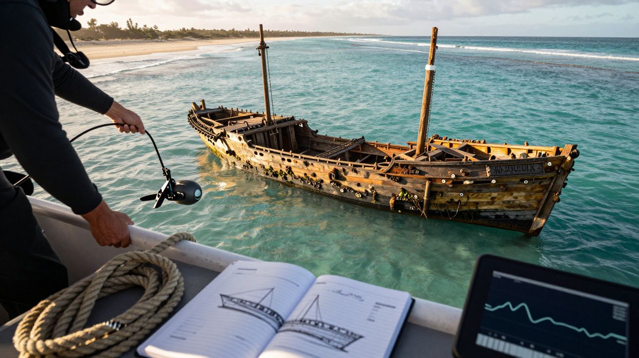 A person examines a partially sunken wooden ship near a shore, with a notebook and a tablet displaying data in the foreground