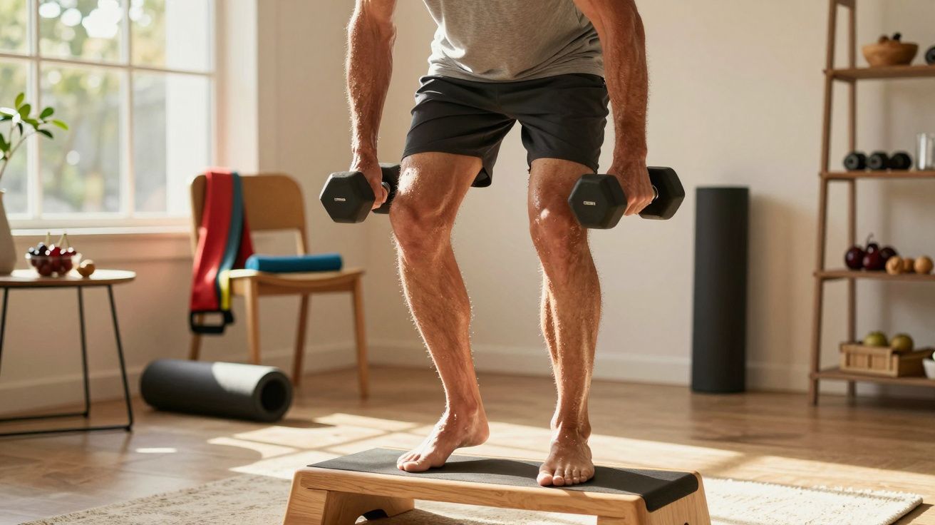 Man lifting dumbbells on a step platform in a sunlit room with exercise equipment.