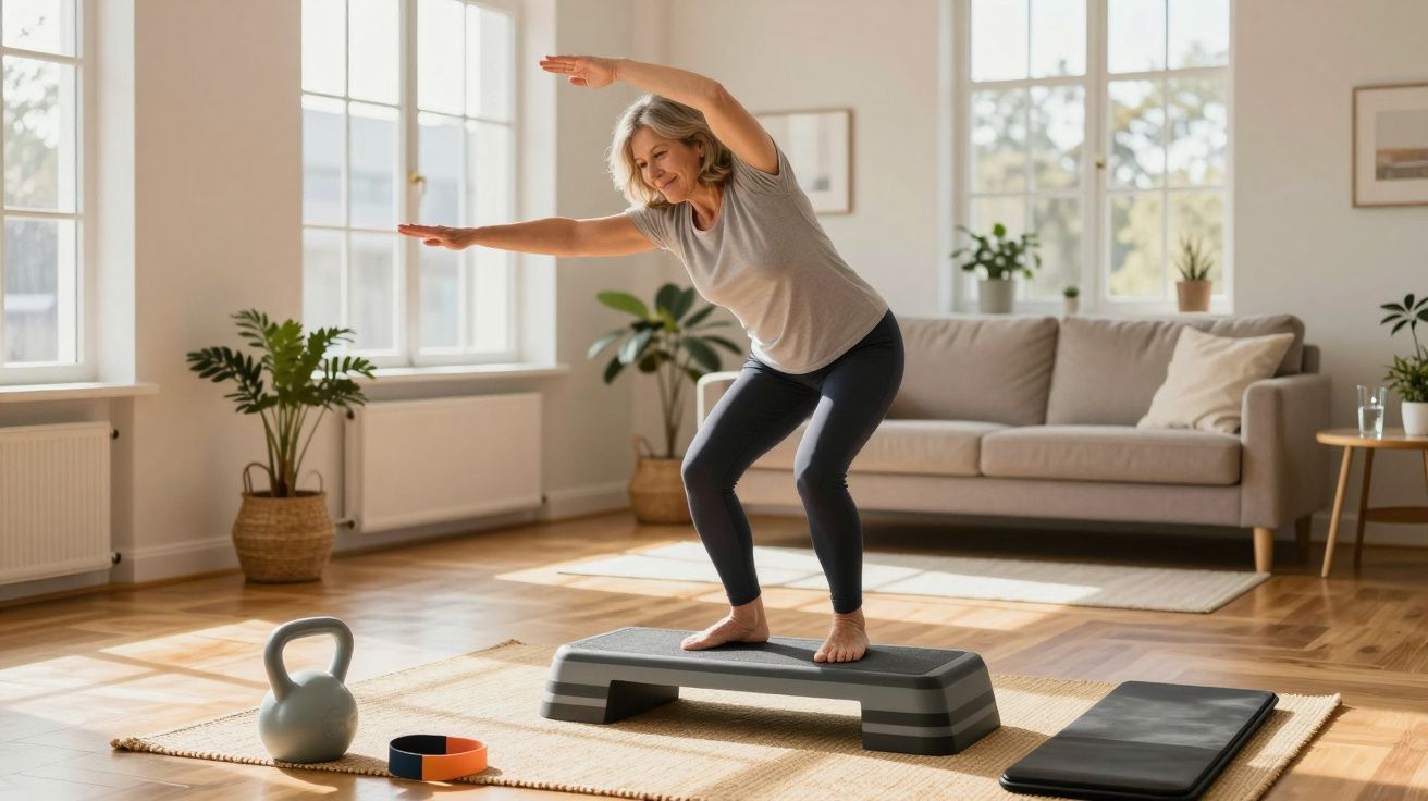 Woman balancing on exercise step platform in sunny living room with plants and fitness equipment.