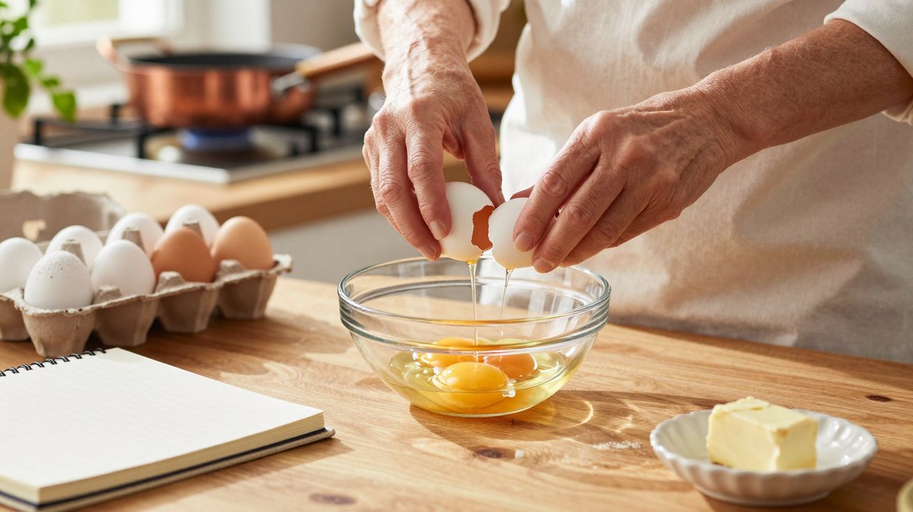 Person cracking eggs into a glass bowl on a kitchen counter with butter and a notebook nearby.