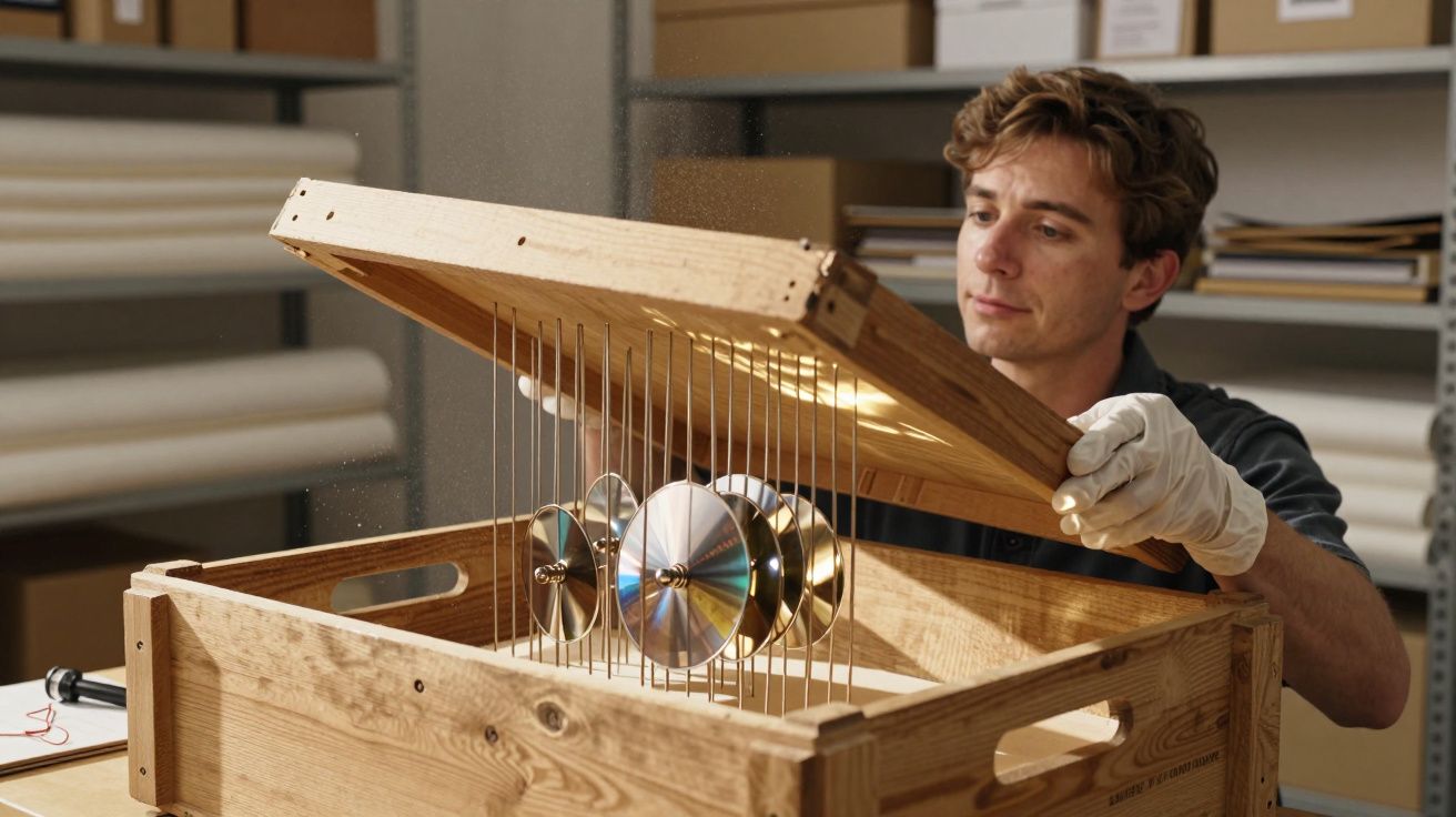 A person with gloves examines a wooden box, containing suspended metallic discs, in a storage room.