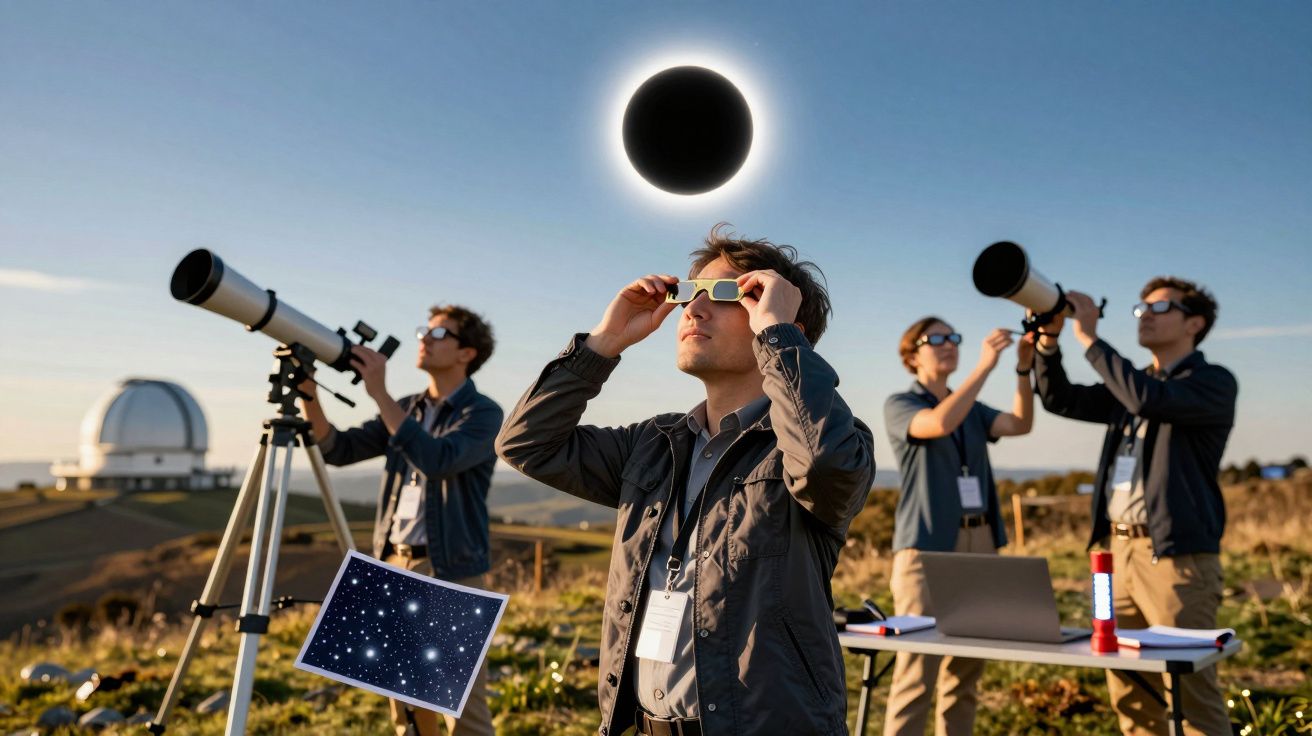 People watch a solar eclipse with telescopes and glasses, observatory in the background, daytime setting.