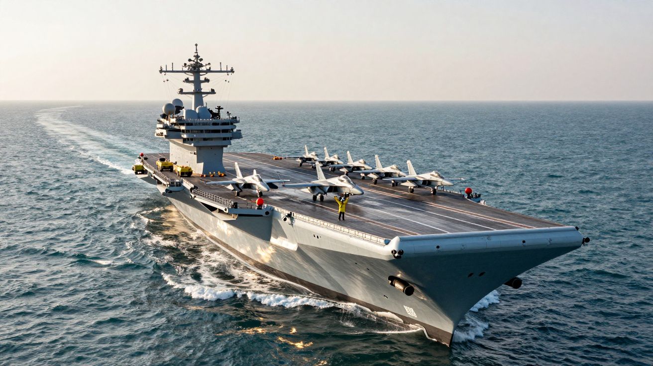 Aircraft carrier sailing on open sea with fighter jets on deck under clear sky.