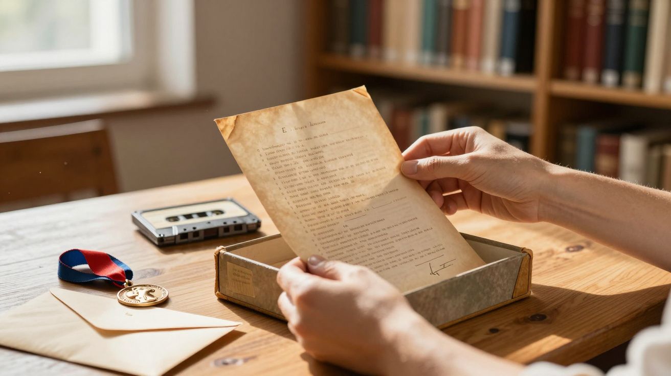 Hands holding an old letter above a table with a medal, cassette tape, and envelope.