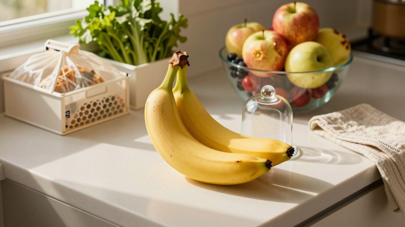 Bananas, apples, and berries on a kitchen counter with natural light.
