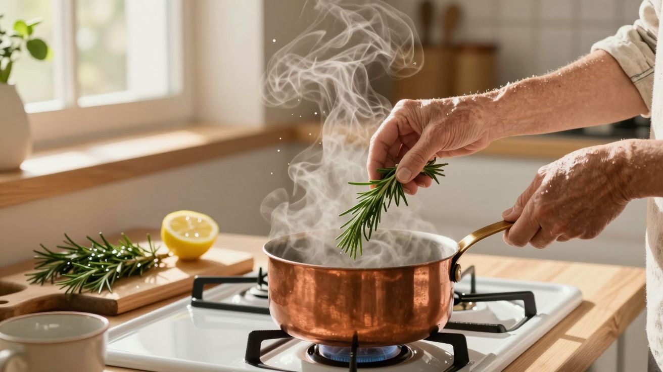 Person adding rosemary to a steaming copper pot on a stove, with a lemon half nearby on a wooden cutting board.