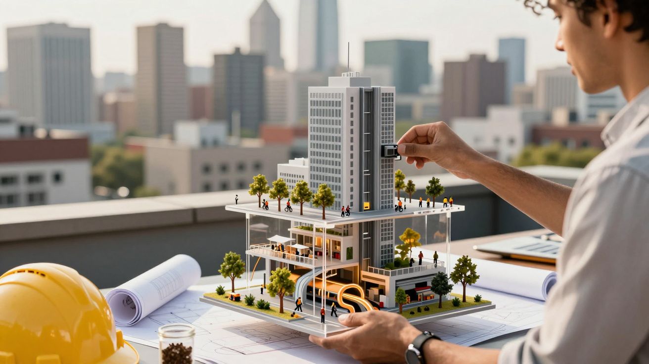 Architect adjusting a scale model of a modern building with trees on a rooftop terrace, surrounded by urban blueprints.