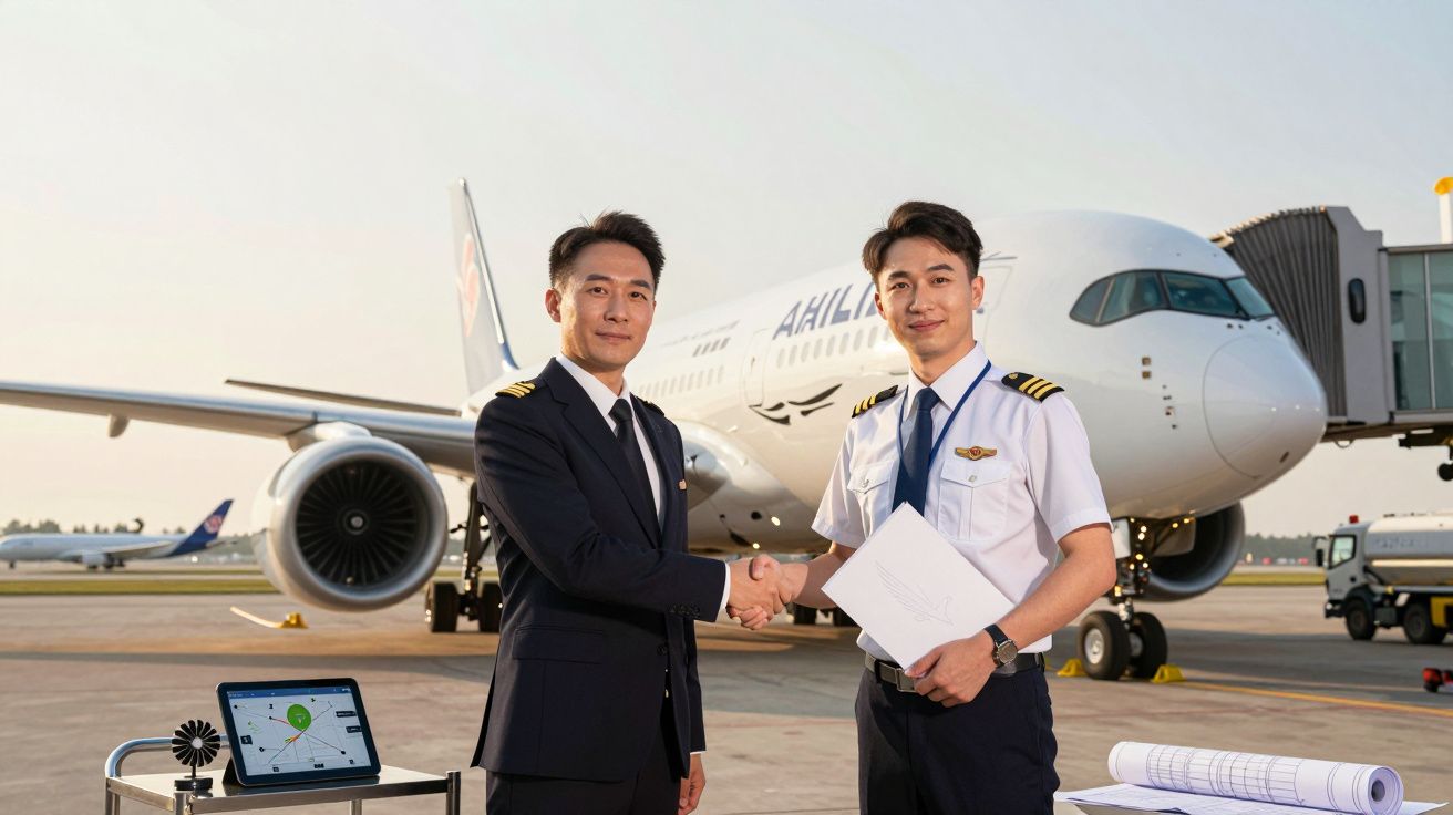 Two pilots shaking hands in front of a parked airplane, holding documents, with a tablet and charts on a table nearby.