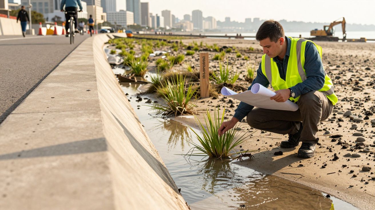 Engineer in safety vest examines plants by urban shoreline, holding blueprints.