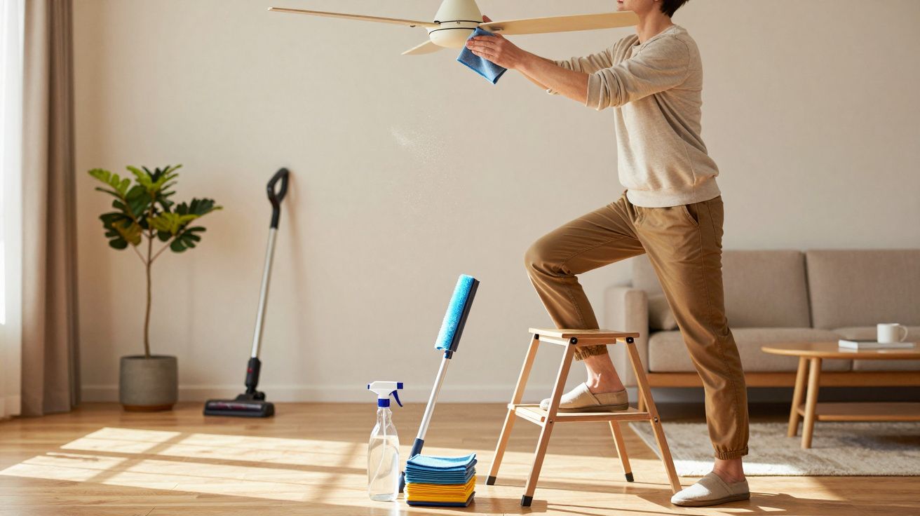 Person standing on a step stool cleaning a ceiling fan in a living room with cleaning tools nearby.