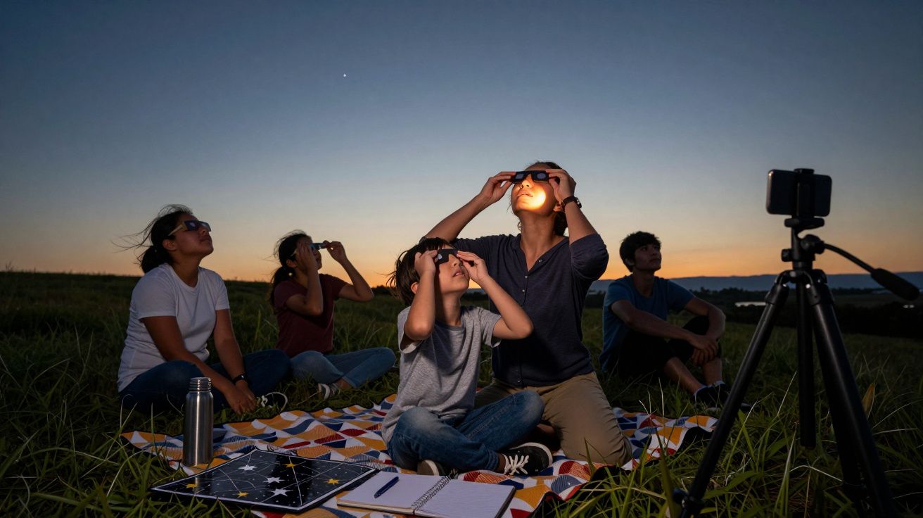 Group of people on a picnic blanket watching a solar event with special glasses at sunset.